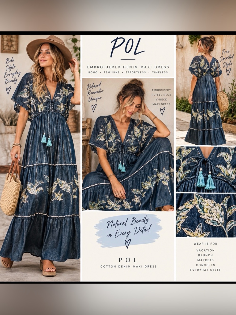 POL Women Embroidery Ruffle Neck Loop Cotton Denim V-Neck Maxi Dress Women L